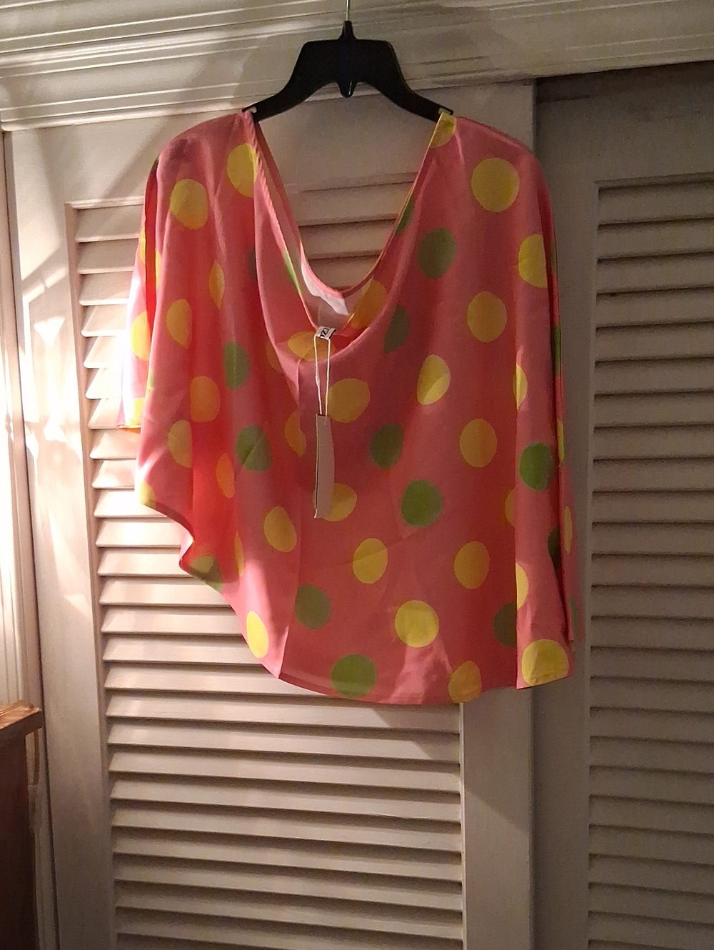 NWT - Uoozee Pink Polka Dot Draped Blouse with Yellow & Green Accents